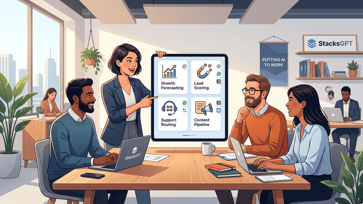 Team collaborating around AI blueprints for growth forecasting, lead scoring, and content automation